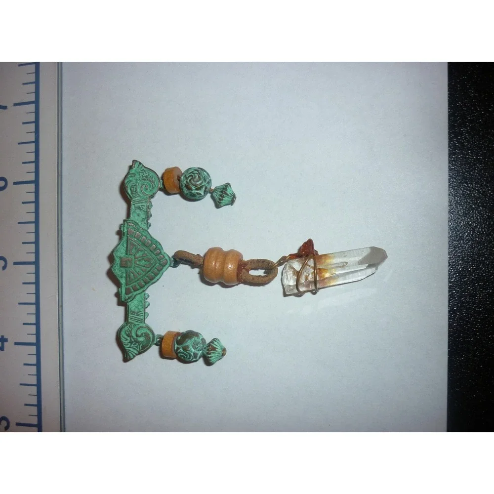 Vintage Southwestern Verdigris Brooch Pin Wire Wrapped Quartz Crystal Point